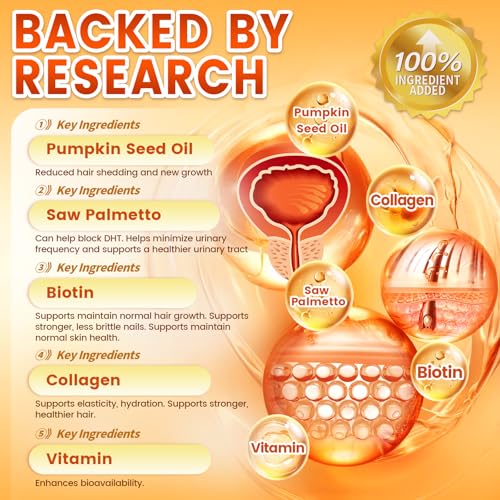 VivoNu Pumpkin Seed Oil with Saw Palmetto Capsules | 300 Count| 33 in 1 Vitamin C D3 B12 E A, Castor, Zinc, Biotin, Iron, Peppermint | Hair Growth & DHT Blocker for Women Men