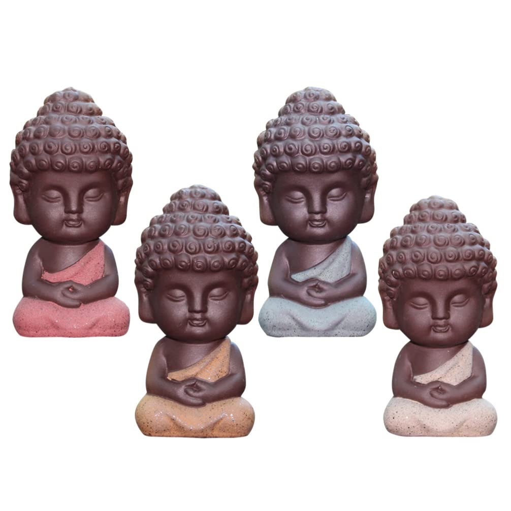 VORCOOL 4 Staples Mini Ceramic Buddha Statue of Tea Car Table Decoration Ornament (Random Clothes Color)