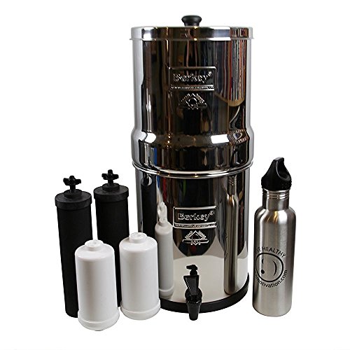 Big Berkey BK4X2 Countertop Water Filter System with 2 Black Berkey Elements and 2 Fluoride Filters w/ Live Healthy Stainless Steel Wide Mouth Water Bottle