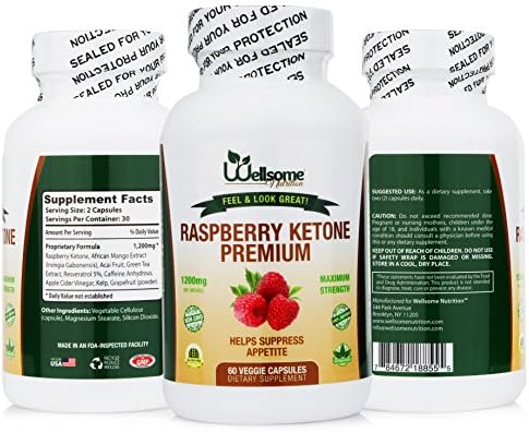 Pure Raspberry Ketones with African Mango, Green Tea Extract, Acai Fruit and Resveratrol for Weight Loss- Maximum Strength Blend- By Wellsome Nutrition- 60 Count