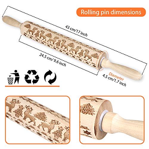 image for Aodis Christmas Wooden Rolling Pins, Engraved Embossing Rolling Pin wi