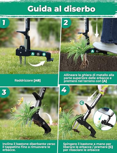 YISSVIC 4 Claw Manual Weed Remover Stainless Steel with Pedal, Telescopic Root Extractor, 108 cm, Non-Slip Adjustable D-Shaped Handle for Garden