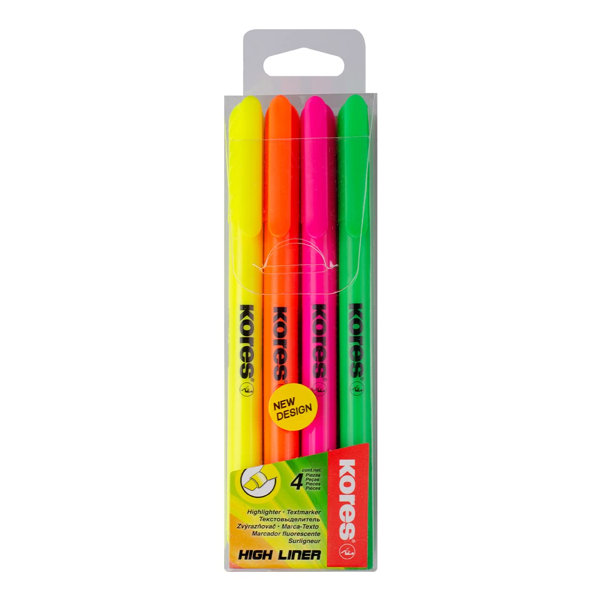 Kores - Neon Highlighter Pens - Fine High Liner, Neon, Water Based-Ink Highlighter Pen with Ergonomic Shape, Chisel Tip - Stationery School Supplies, Office Supplies - Pack of 4 in Assorted Colours