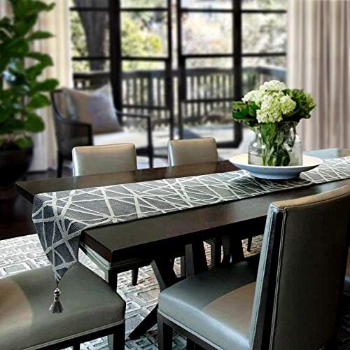 Modern Table Runner, 13x120 Inches Double Layer Gray and White Cotton Jacquard Table Runner with Tassel Geometry Collection for Dining Room Dresser Decor
