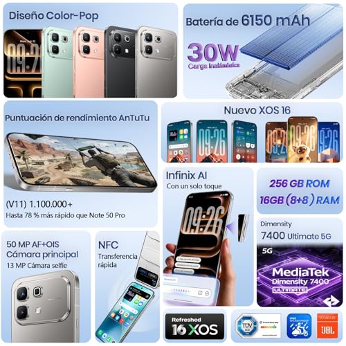 Infinix Celular Note 60 RAM 16GB: 8GB+8GB Extendible ROM 256GB, 6.78'' AMOLED 1.5K 144Hz, 6150mAh Inalámbrica 30W Carga Rápida 45W Smartphone 5G AI Dual SIM Cámara 50MP+13MP Live Photo Midnight Black