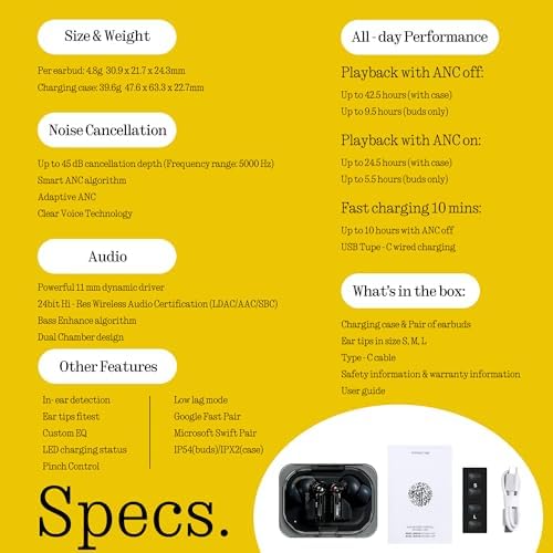Nothing ear (a) fones de ouvido bluetooth sem fio com integração chatgpt, cancelamento ativo de ruído, algoritmo de aprimoramento de graves e até 42,5 horas de reprodução - preto