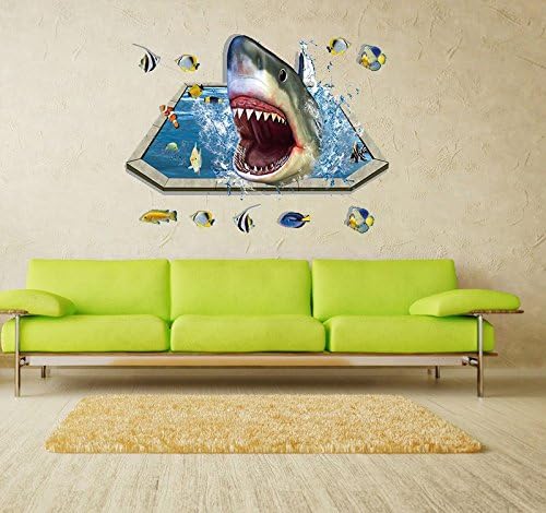 Ducklingup Halloween Horrible 3D Broken Wall Hole Bricks Wall Art Mural Pond Shark Posters Wall Stickers (H)