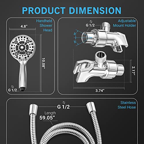 LOKBY 5″ High Pressure Handheld Shower Head 6setting High Flow Even With Low Water Pressure