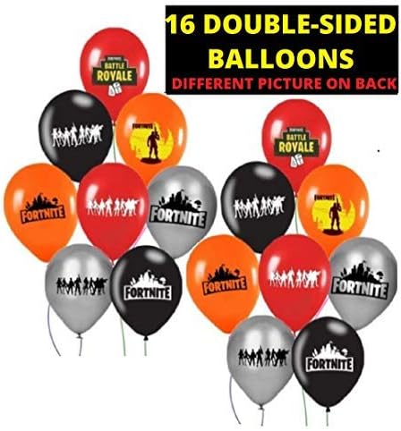 FAT CAT SALES - FORTNITE - Large Latex 12" Double Sided Balloon Set - Kids Favorite Gaming Party Supply - A Deluxe Decor Bundle (Black RED Orange Silver) 16PCS