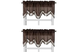 GENERIC Solid Faux Silk Swag Waterfall Cascade Ascot Window Curtain Valance w/Tassels Trim 55" x18" Wave (2, Brown)