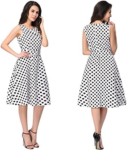 LaceLady Hepburn 50s Vintage Dress Belted Polka Dot Semi-Formal Cocktail Knee Length Mini Dresses(White Black Dot L)