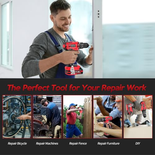 Power Drill Cordless, 20V Cordless Drill, Electric Power Drill Set with 1 Battery & Charger, 3/8” Keyless Chuck, 2 Variable Speed, 18+3 Torque and 72pcs Drill/Driver Bits, Red