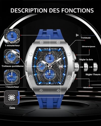 TSAR BOMBA Automatikuhr für Herren Luxuriöse Skelettuhr Barrel für Herren Mechanische Uhr, Wasserdicht BIS 50 Meter Analoguhr