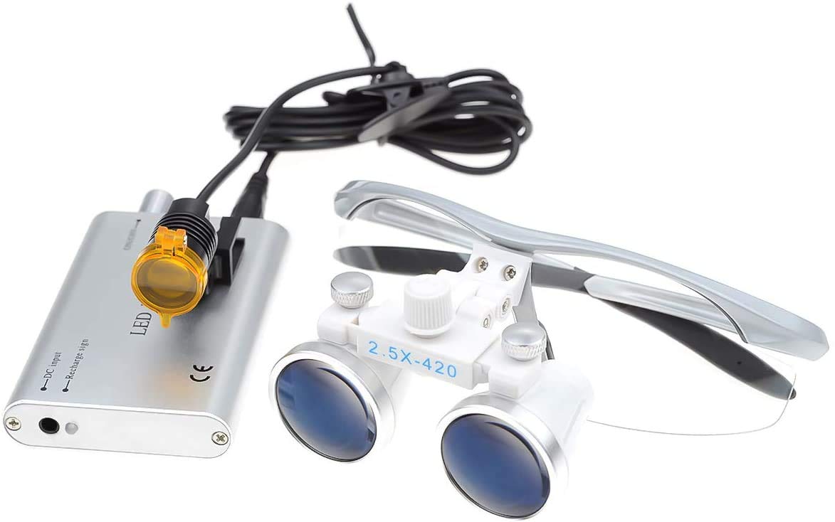 Mike Detnal New Surgical Binocular Loupes 2.5x420MM Optical Glass with Filter LED Head Light Lamp+ Cloth Bag (Silver)