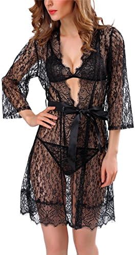 Kasiria Lace Robe, Women's Sexy Robes for Ladies Lace Babydoll Lingerie Chemise Set of 4