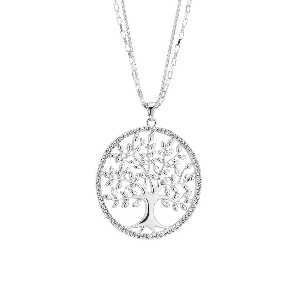 Anti-Allergic Stainless Steel Double-Layer Necklace Tree of Life Pendant Shining Crystal Fashion Jewelry for Women, Long Necklace Sweater Chain Gold Women Necklace for Mom, Friends Gifts