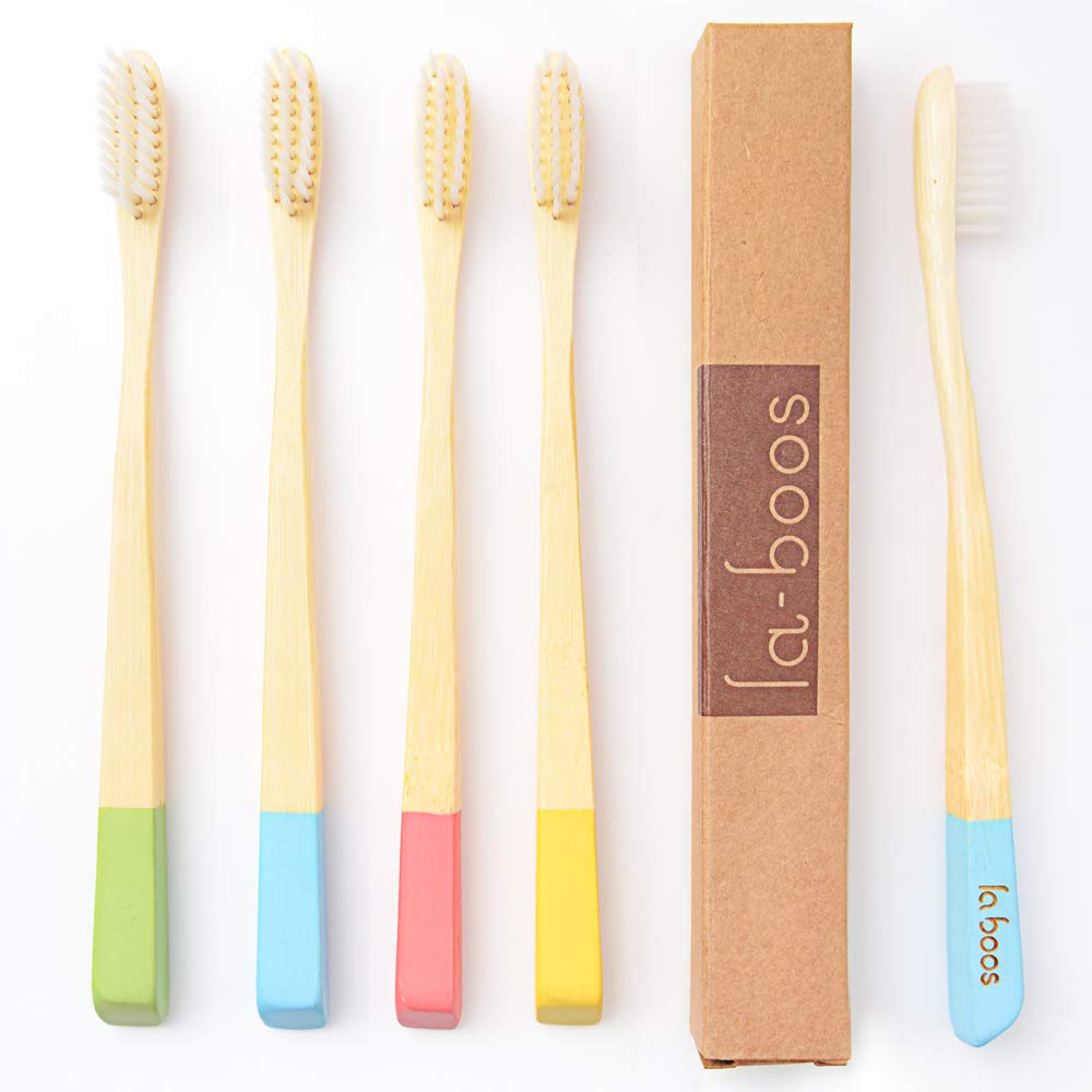 laboos Best Nature Manual Color Bamboo Toothbrush, New Extra Soft Compact Bristle Toothbrush,Best Biodegradable Toothbrush for Gingivitis and Sensitive Teeth. (4 PCS)
