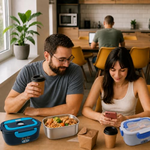 JessyLine Elegant Professional Portable Electric Lunch Box 80W 12V/24V/220V Multifunction Car Truck Office Heat Fast Food Taper Divided Container Stainless Steel 1.5L Black Blue-Light