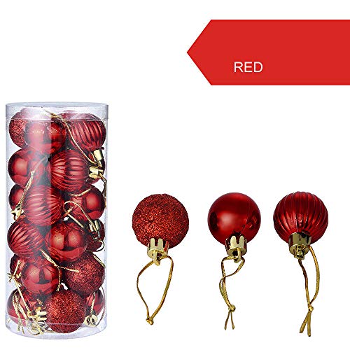 SUKEQ Set of 24 Christmas Ball Ornaments Shatterproof Xmas Decorations Tree Balls Baubles Small for Holiday Wedding Party Decoration, 30mm/1.18” (red)