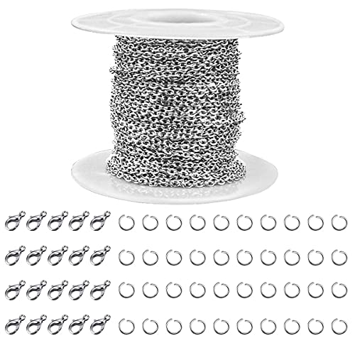 33 Feet Stainless Steel Jewelry Chains for Jewelry Making - Silver Chain Roll with 40 Pieces Open Jump Rings & 20 Pieces Lobster Clasps - Silver Necklace Link Cable Chains DIY Accessories (2.0mm)