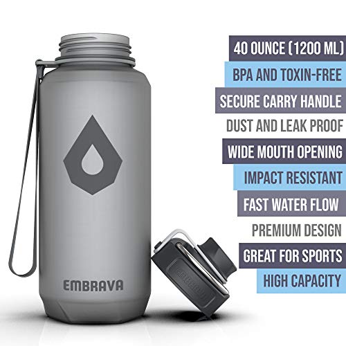 Embrava 40oz Water Bottle - Large with Travel Carry Ring - Wide Leak Proof Drink Spout - Heavy-Duty, BPA & BPS Free Tritan Plastic - Best for Sports, Hiking, Gym, Men & Women