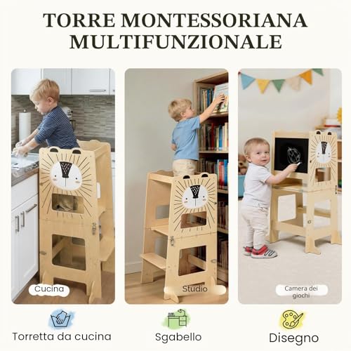 labebe Montessori Tower Kids (98cm Height), Large Size Wooden Folding Montessori Tower, 3 in 1 Kids Desk and Chair Set Transformable with Chalkboard