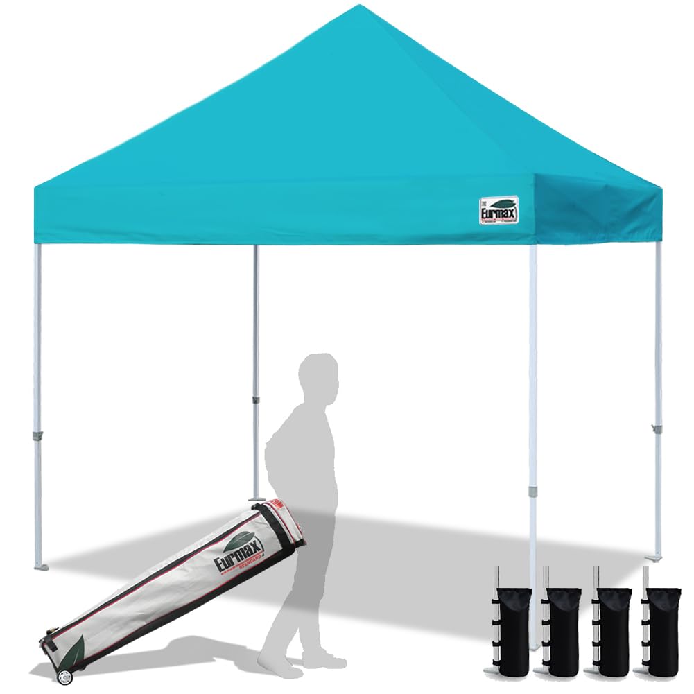 Photo 1 of Eurmax USA Standard 10x10ft Patio Pop Up Canopy Tent for Outdoor Events Commercial Instant Canopies with Heavy Duty Roller Bag,Bonus 4 Canopy Sand Bags (Turquoise)
