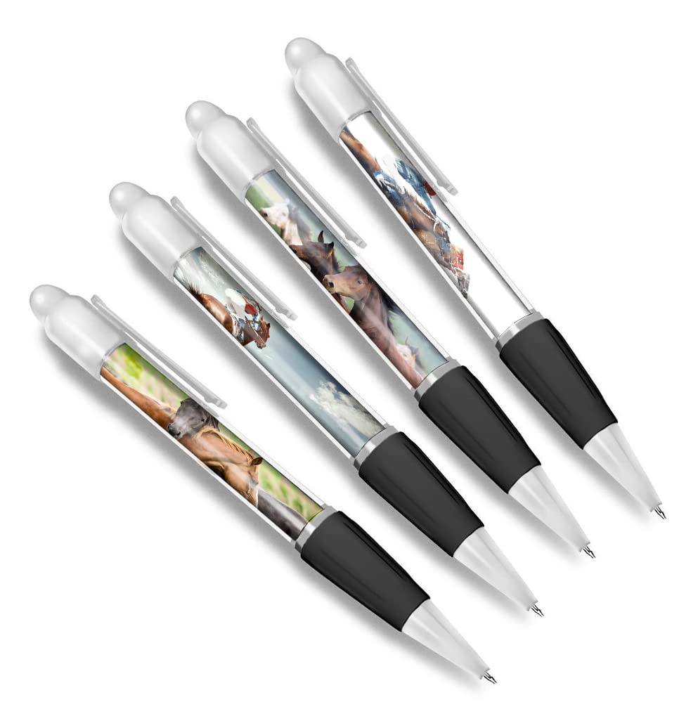 DV DESIGN Set of 4 Horse Jockey White Ballpoint Pens - Equestrian Riding Derby Animal Pattern Lover Fan Themed Boys Girls Men Women Pen #79588