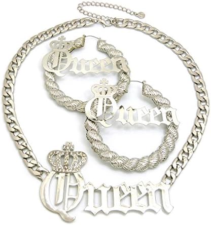 Women's Statement Queen Necklace, Bamboo Pierced Earring in Gold Tone