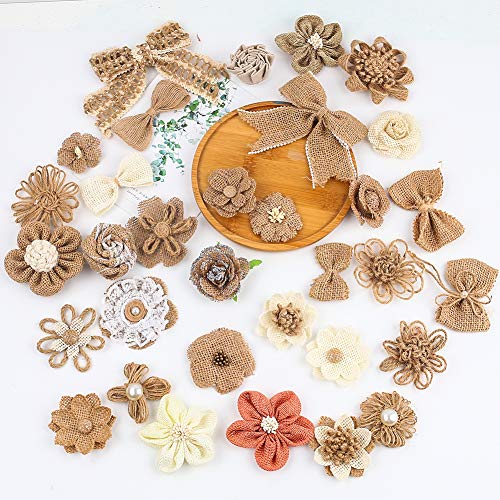 VGOODALL 32 Natürliche Sackleinen Blumen Set, 32 Handgefertigte Jute-Blumen für DIY Kunst Handwerk Hochzeit Dekoration
