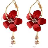 Pink Flower Dangle Earrings for Women White Red Flower Dangle Earrings Round Hoop Long Tassel Earring Statement Jewelry
