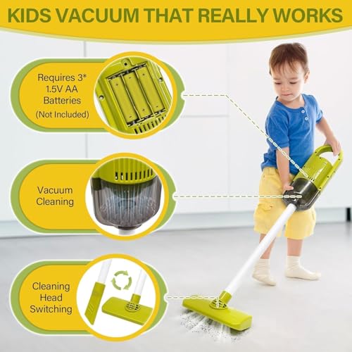 Kids Cleaning Toy Set, 14Pcs Pretend Play Home Cleaning Playset - Incl. 2-in-1 Electric Toy Vacuum, Broom and Dustpan Set, Mop,Duster and More, Sweep Play Toys for Boys Girls (Red)