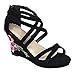 Women's Open Toe Embroidered Floral Strappy Ankle High Wedge Heel Sandal
