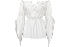 BATHRINS Renaissance Shirt Women Flowy Trumpet Sleeve Peasnat Blouse Off Shoulder Strappy V Neck Pirate Tops