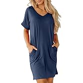 Camisunny Womens Short Sleeve Pleated Loose Swing Casual Dresses with Pockets Knee Length Summer V Neck Tunic Dress