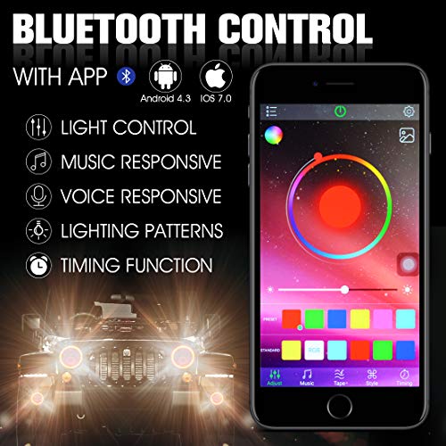 7" LED Headlights with RGB Halo + 4" LED Fog Lights for Jeep Wrangler 1997-2017 JK TJ LJ Bluetooth Remote Control - Thumbnail 3