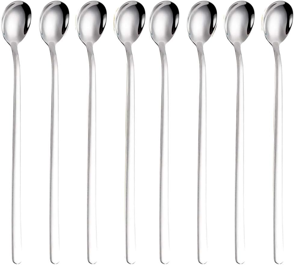 Long Handle Ice Cream Tea Spoon 8 Piece 18/10 Stainless Steel Mixing Ice Cream Cocktail Cocktail Stirring Spoons Set Dishwasher Safe 9 Inch Silver