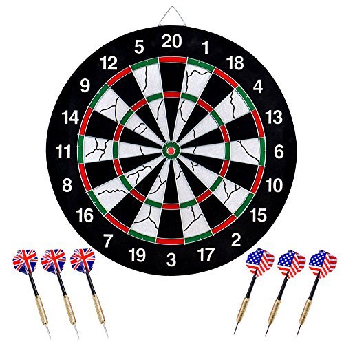Wuudi Dart Board, Double-sided Flocking Dartboard with 6 Brass Darts(18 inches)