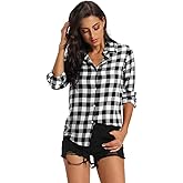 Aeslech Lightweight Plaid Shirts for Women Button Down Roll Up Sleeve Casual Tops Blouse