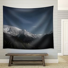 Snow Covered Mountains Under Starry Night Sky - Fabric Wall Tapestry Home Decor - 51x60 inches