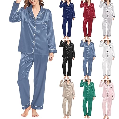 Womens Pyjamas Set Silk Like Pyjamas for Women Comfy Classic 5Pcs Set Sleepwear Long Sleeve Loungewear Ladies Comfortable Elastic Waisted Trousers Soft Button Pockets Womens # Blue 4XL