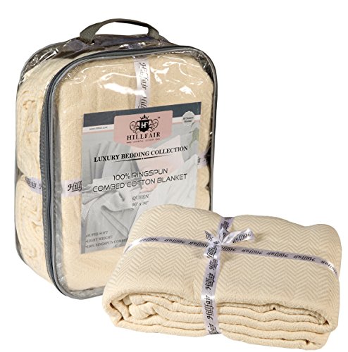 HILLFAIR 100% Ringspun Combed Cotton Blanket- Herringbone Cotton blanket- King Blankets - Cotton Thermal Blankets - Soft Light Weight Cotton Blanket â€“ King Bed Blanketsâ€“ Ivory Cotton Blankets by