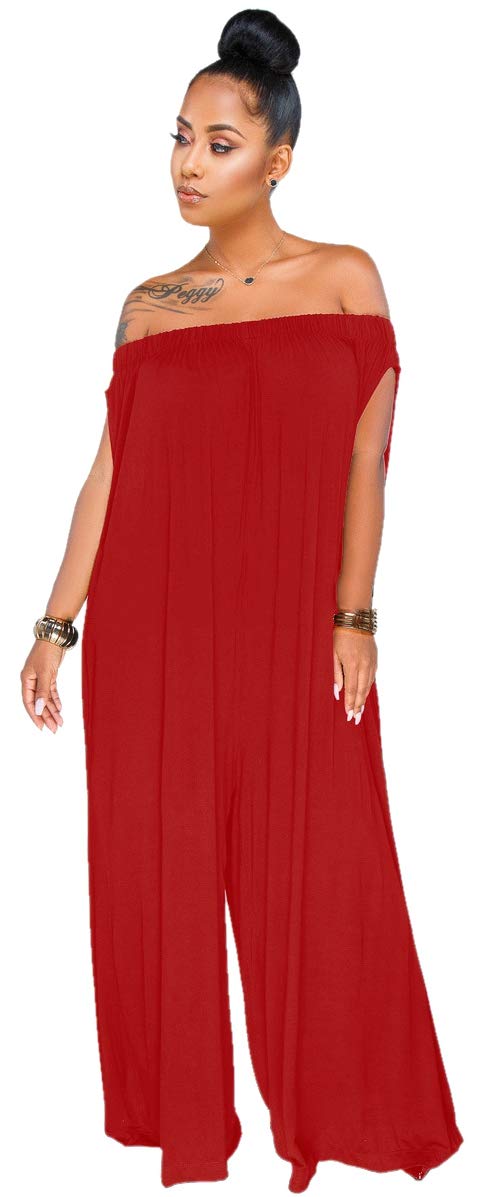 Women Casual Loose Off Shoulder Wide Leg Pants Long Rompers with Pocket Red L