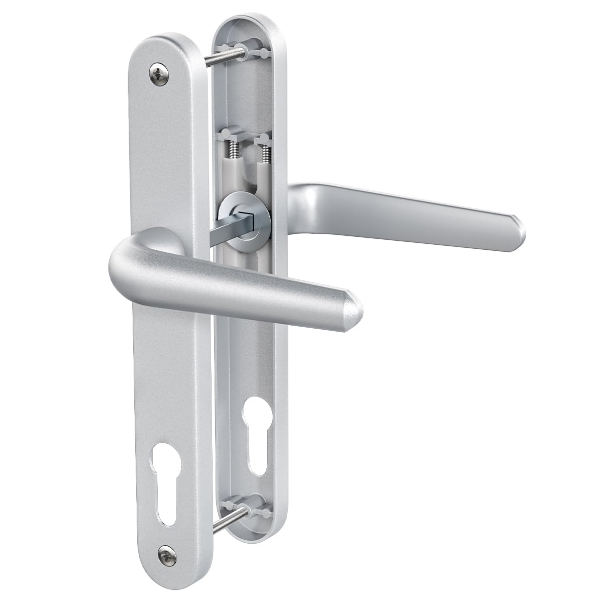 Bwintech 1 Set Silver Anodised UPVC Aluminium Door Handle Set, 92mm Backset, 210mm Screw Hole Distance, 243mm Plate Length Front Door Handles for UPVC Door — image 1