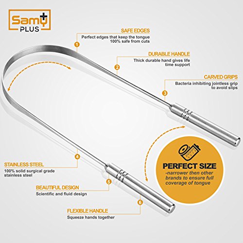 image for 2 Pack Tongue Scraper Cleaner by Samy Plus- Surgical Grade Stainless S