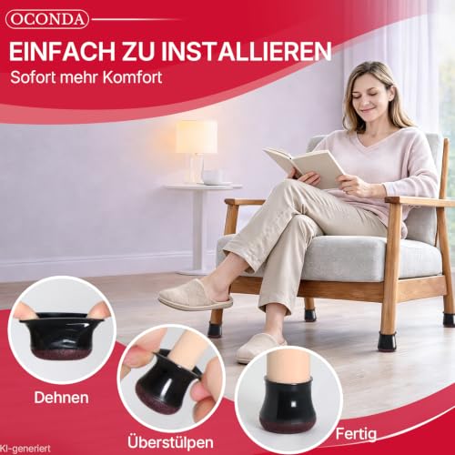 OCONDA Pack of 24 Chair Leg Caps, Black Silicone Protective Caps with Felt, Felt Gliders,for Slanted Chair Legs, Wear-resistant Chair Leg Protectors, Diameter S 14.1–20 mm