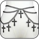 Silver Cross Waist Chain Belt for Women Adjustable Black Body Chain Belt Trendy Tassel Cross Belly Chain Belt Long Metal Link Chain Belt Punk Body Jewelry (layered black)