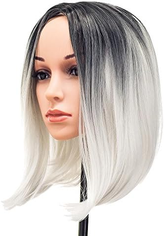 SWACC Ombre Colors Straight Short Hair Bob Wig Synthetic Colorful Cosplay Daily Party Flapper Wig for Women and Kids with Wig Cap (Grey)