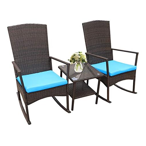 Outdoor PE Wicker Rocking Chair 3Piece Patio Rattan Bistro Set 2