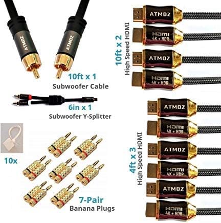 Atmoz Ultra Series Home Theater Accessory Cable Kit/Set/Bundle - 4K/HDR HDMI V2.0 Cables, Subwoofer Cable, RCA Y-Adapter, Banana Plugs, Nylon Write-on Labels, for AV Receivers/Amplifiers